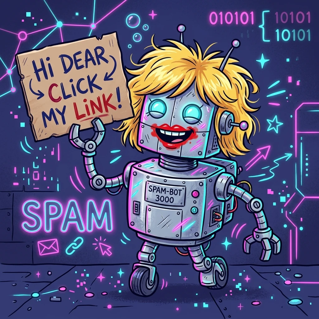 Cartoon robot in a wig and lipstick holding a spam click sign