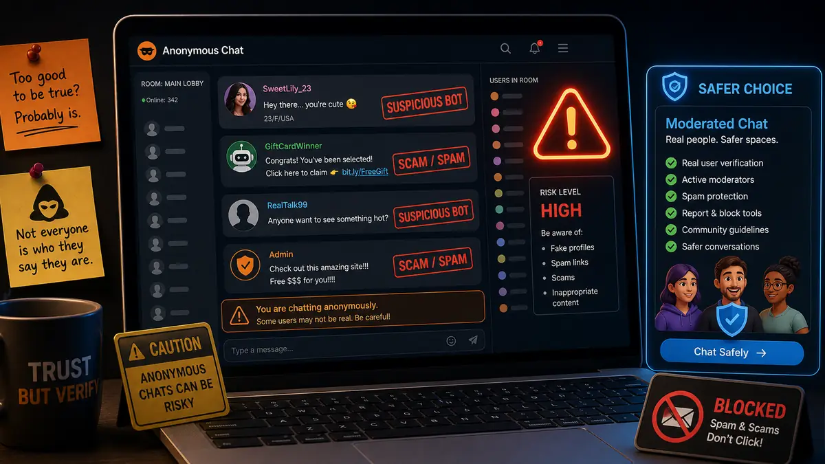 Anonymous chat screen showing suspicious bots, scam warnings, and a safer moderated chat option
