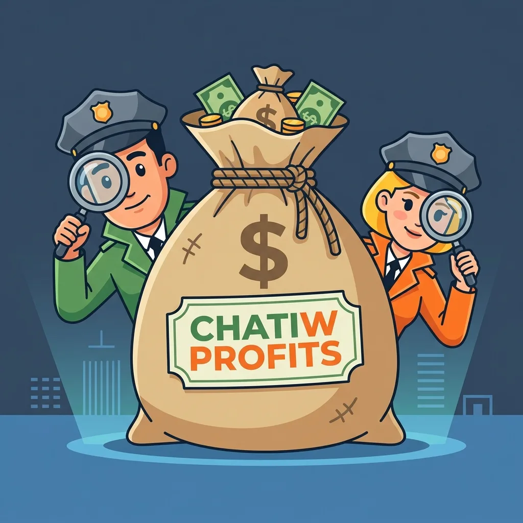 Two cartoon police detectives peeking out from behind a large canvas sack of money labeled Chatiw Profits and looking through magnifying glasses