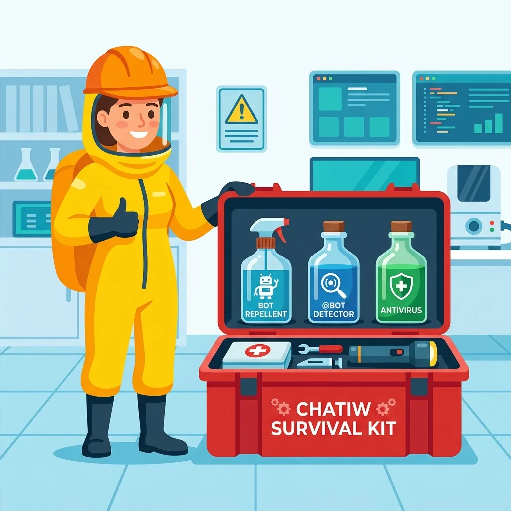 A cartoon safety survival kit showing a person in a yellow hazmat suit next to an open red toolbox labeled Chatiw Survival Kit containing bottles of Bot Repellent Bot Detector and Antivirus