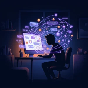 Stylized digital illustration of a person looking at a glowing screen surrounded by neon message bubbles and data links in a dark room, representing chat room addiction.