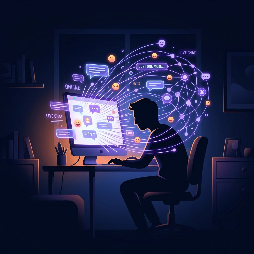 Stylized digital illustration of a person looking at a glowing screen surrounded by neon message bubbles and data links in a dark room, representing chat room addiction.