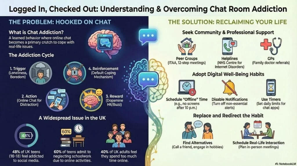 Infographic with chat bubbles, addiction warning signs, and recovery steps