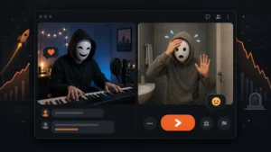 Split-screen random video chat with a piano performer and an awkward bathroom scene Description: A funny split-screen image for a Chatroulette article, showing the mix of live performance, awkward surprises, and the next-button chaos that made random video chat famous.