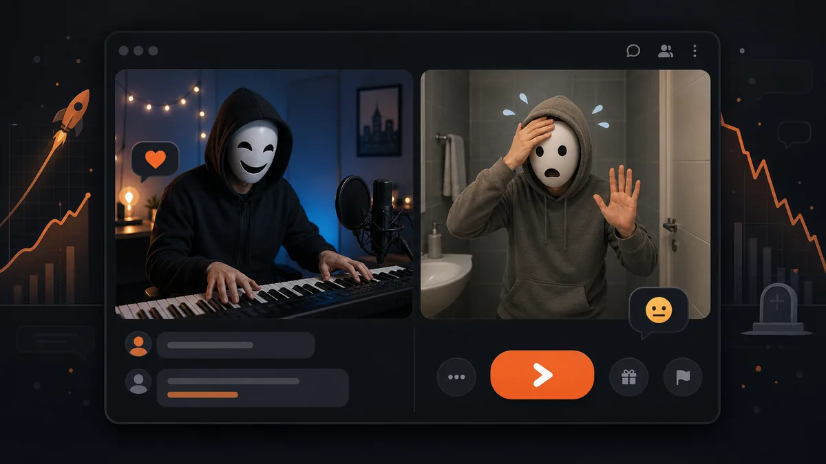 Split-screen random video chat with a piano performer and an awkward bathroom scene Description: A funny split-screen image for a Chatroulette article, showing the mix of live performance, awkward surprises, and the next-button chaos that made random video chat famous.