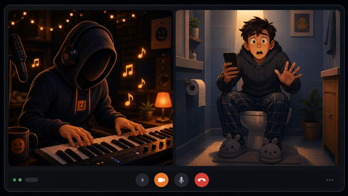 Split-screen scene showing a piano performer and an awkward bathroom chat