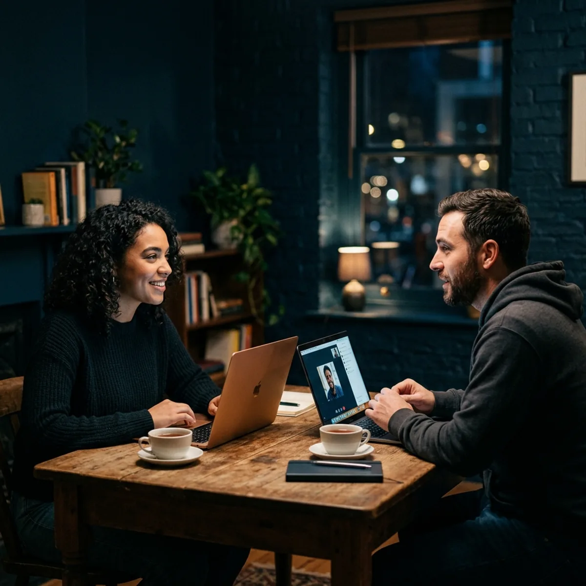 Two people having a respectful online conversation on laptops in a dark atmospheric setting