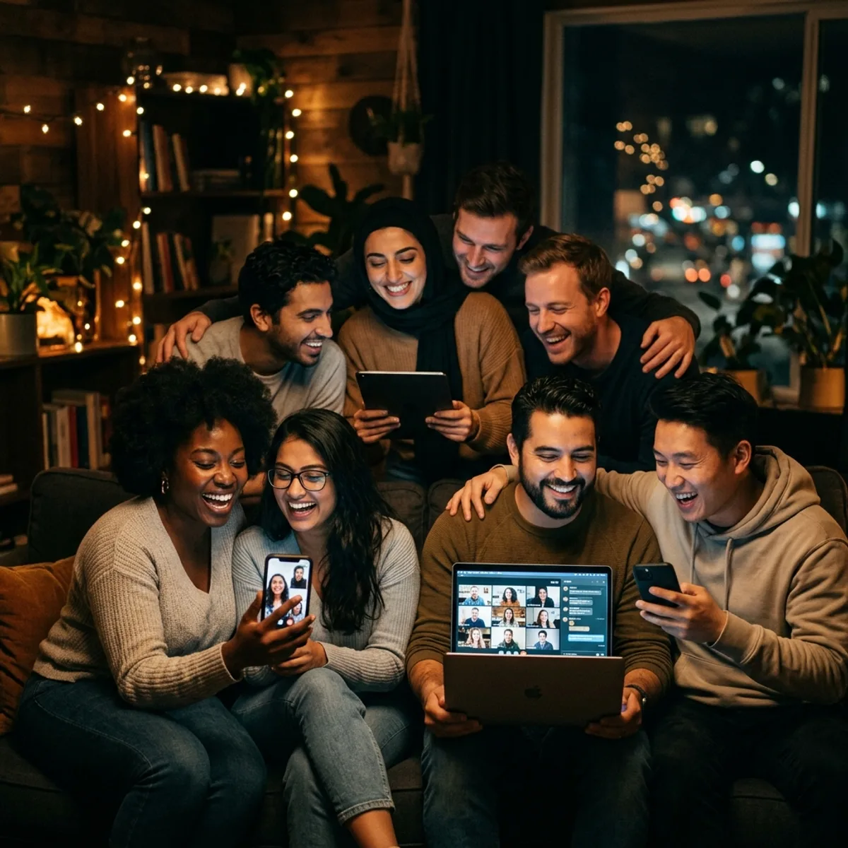 Diverse group of people connecting and socialising online with warm glowing screens in a dark setting