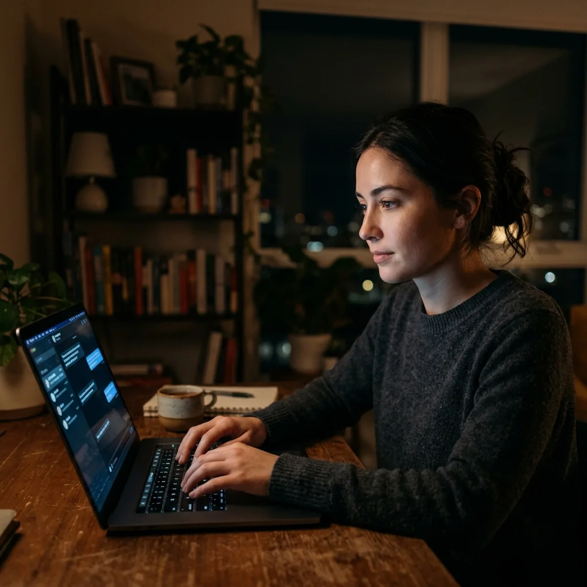 Person thoughtfully composing a message on a laptop with calm focused expression in dark setting