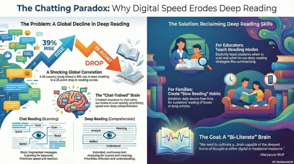Infographic comparing fast online chat reading with slower deep reading