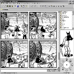Microsoft Comic Chat application screenshot displaying an active chat formatted as a comic strip