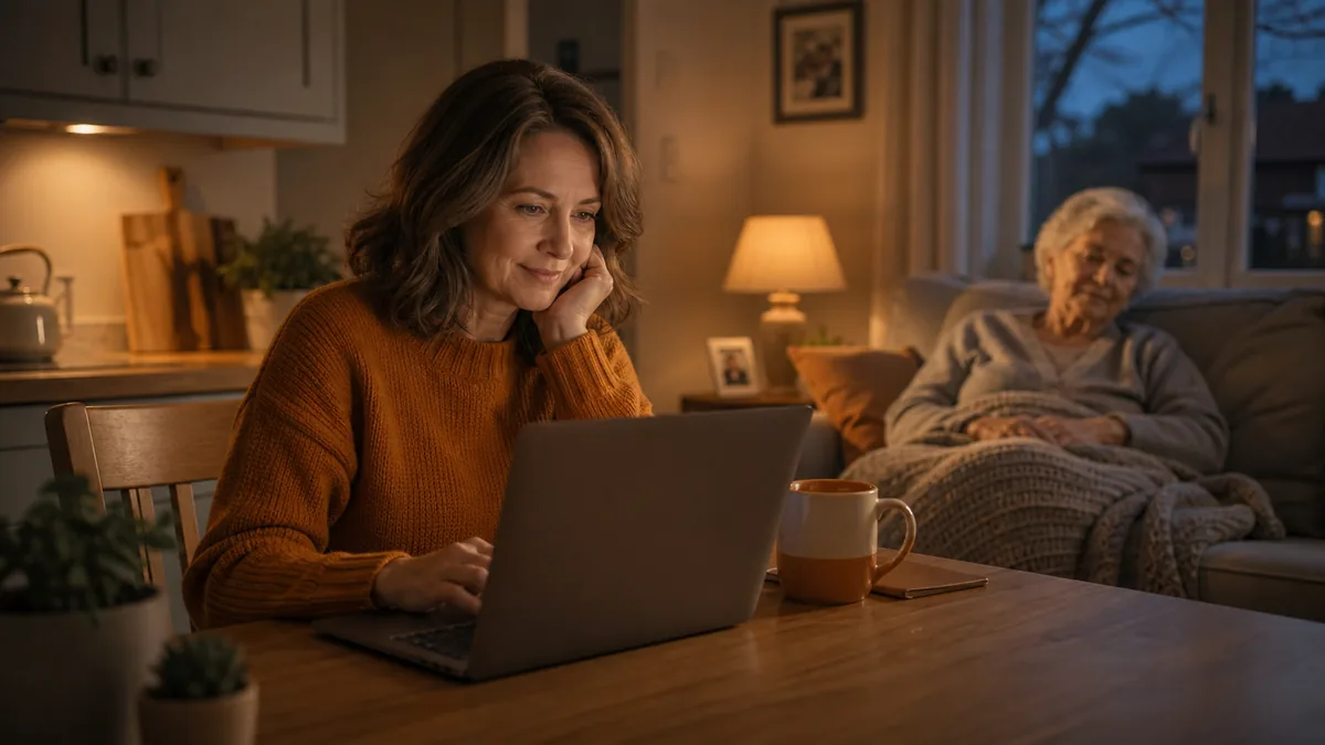 A carer using a laptop at a kitchen table while an older person rests nearby