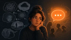 Anxious person surrounded by worried thoughts and a glowing chat bubble