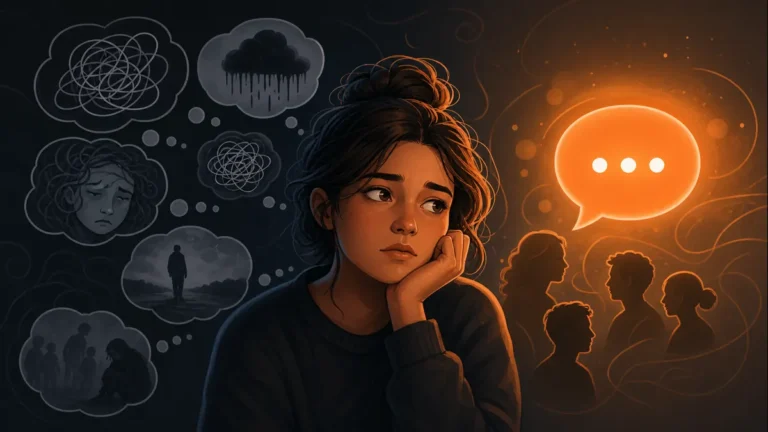 Anxious person surrounded by worried thoughts and a glowing chat bubble