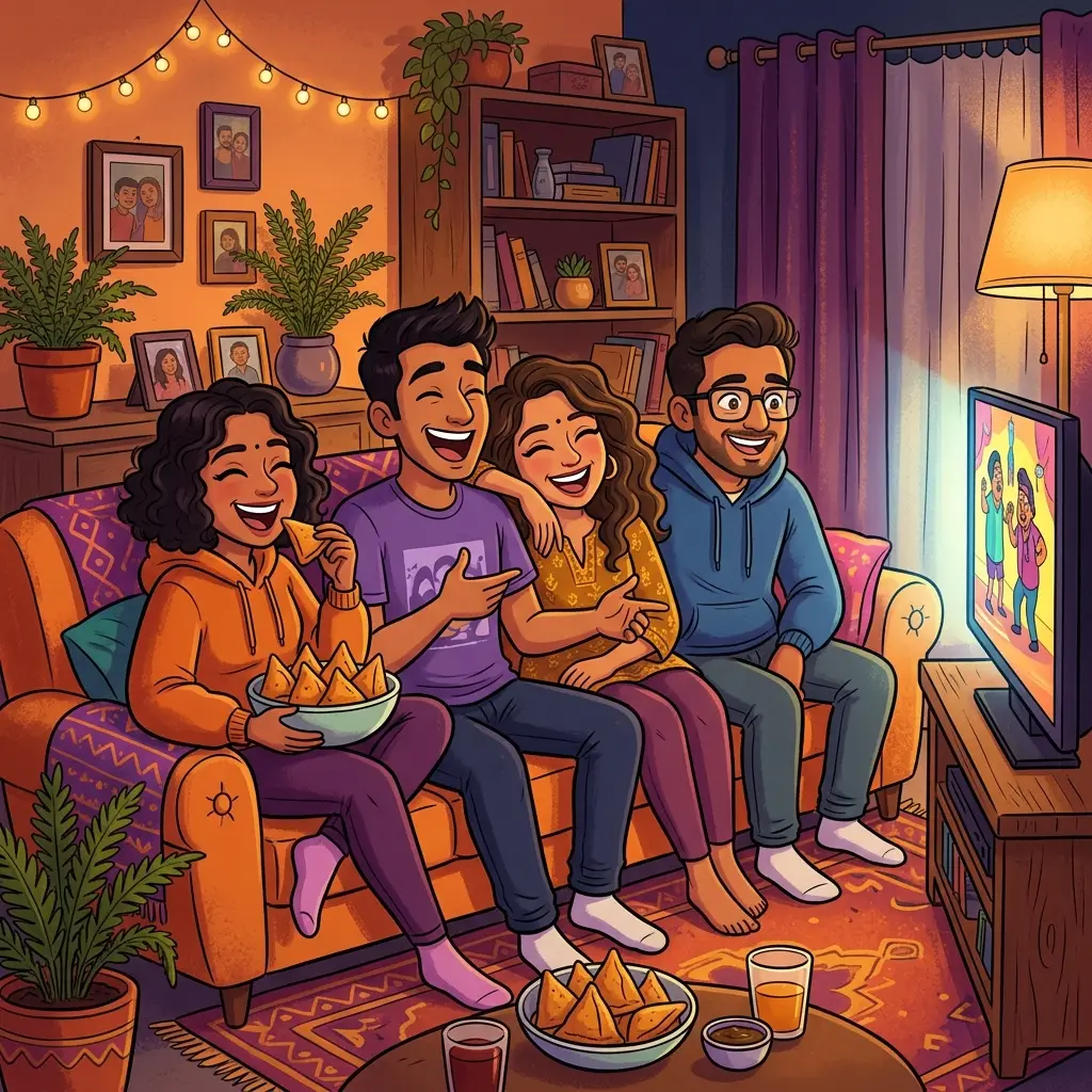 South Asian friends laughing together watching Bollywood films and chatting in Desi online chat rooms