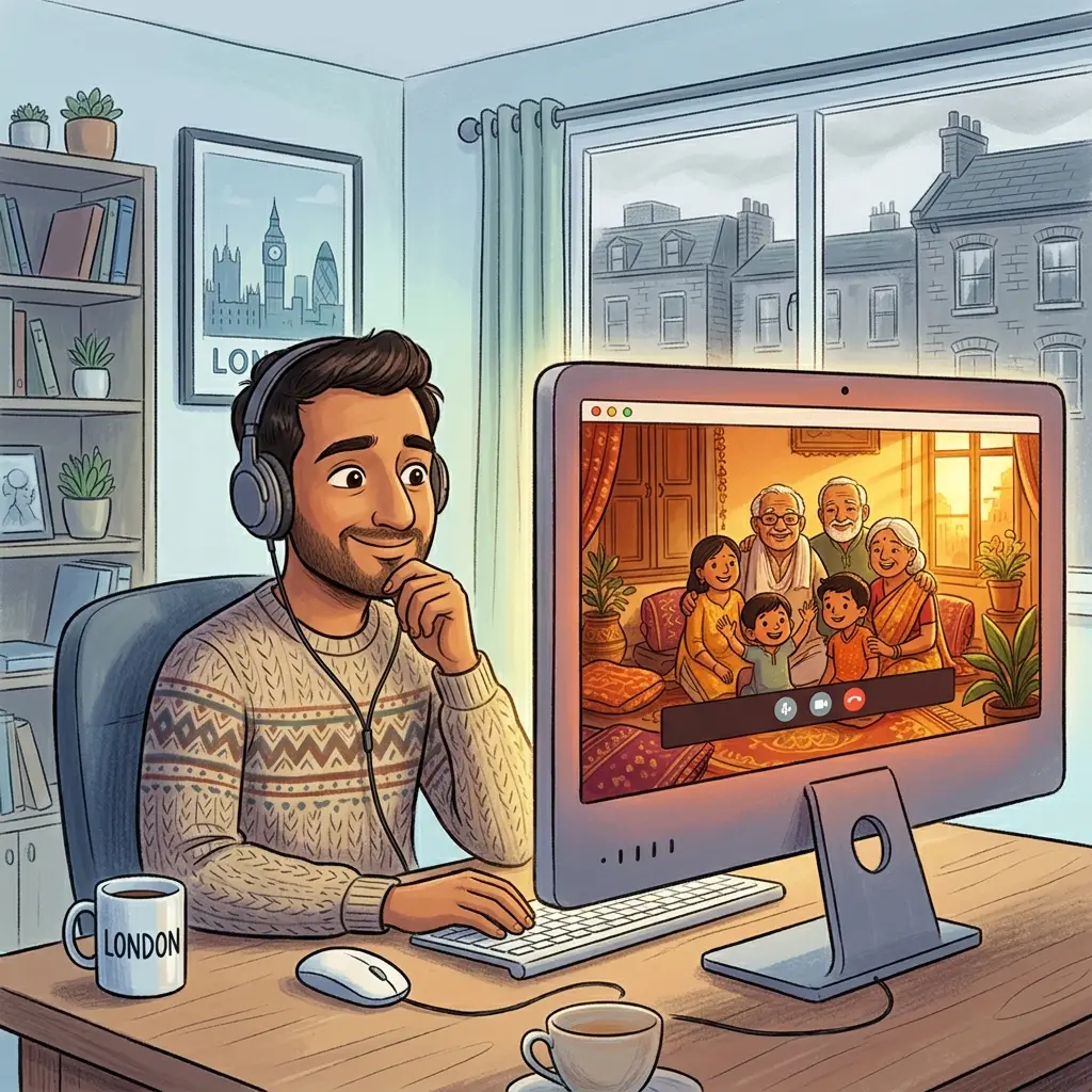South Asian man in the UK diaspora connecting with family back home through Desi online chat rooms