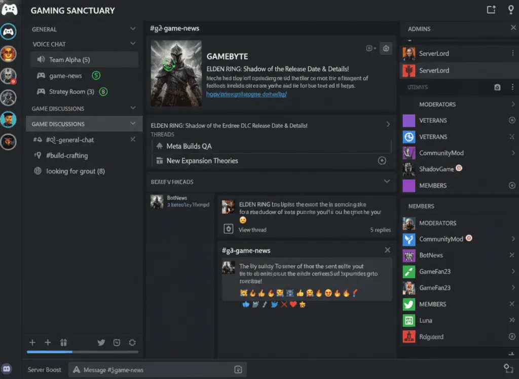 Discord interface showing servers, voice channels and community features