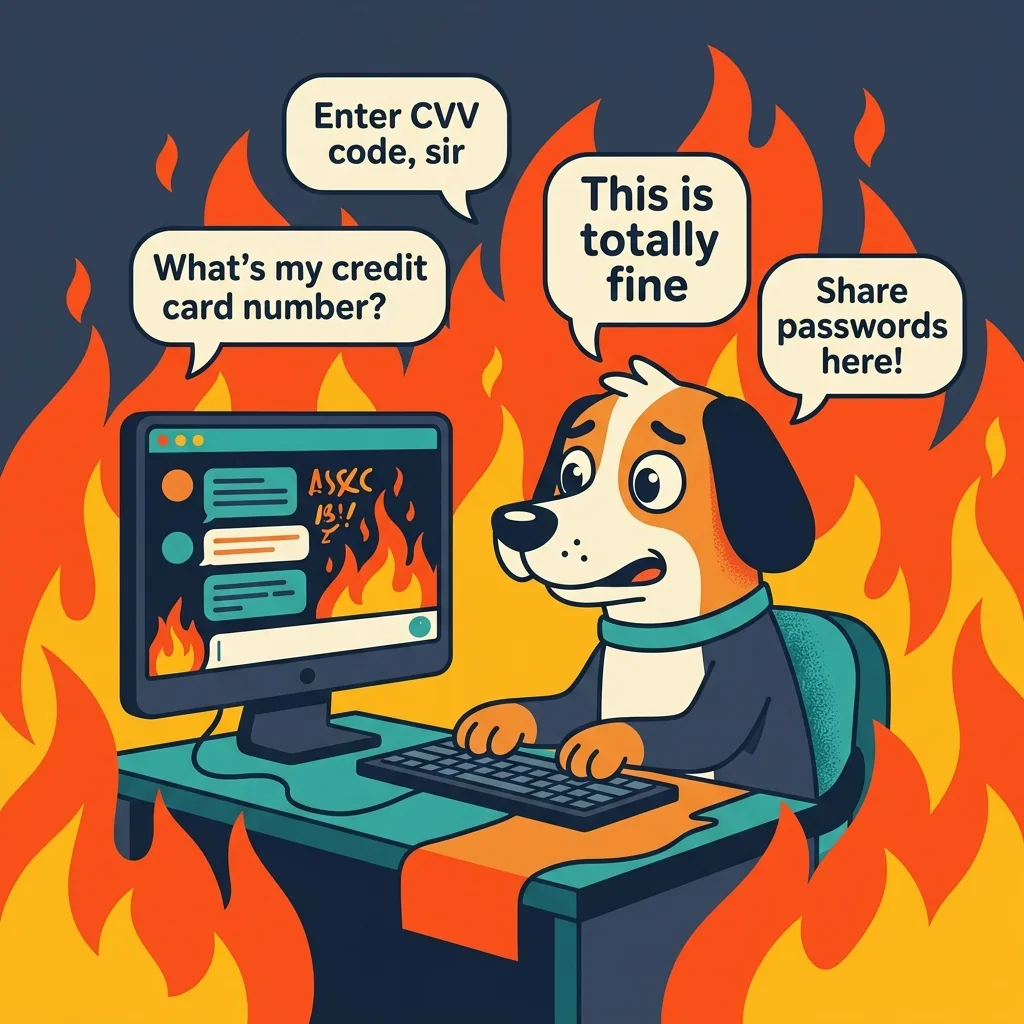 A cartoon dog sitting at a computer desk surrounded by flames in a parody of the This is fine meme with speech bubbles showing messages like Enter CVV code sir and What is my credit card number