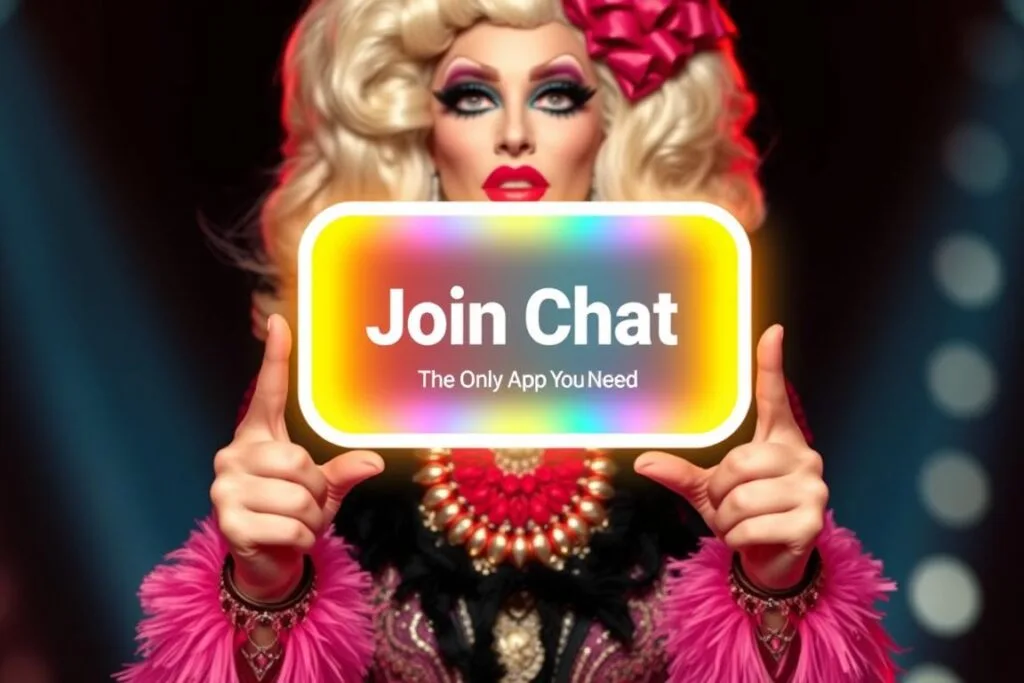 Drag performer holding a colourful sign that says Join Chat
