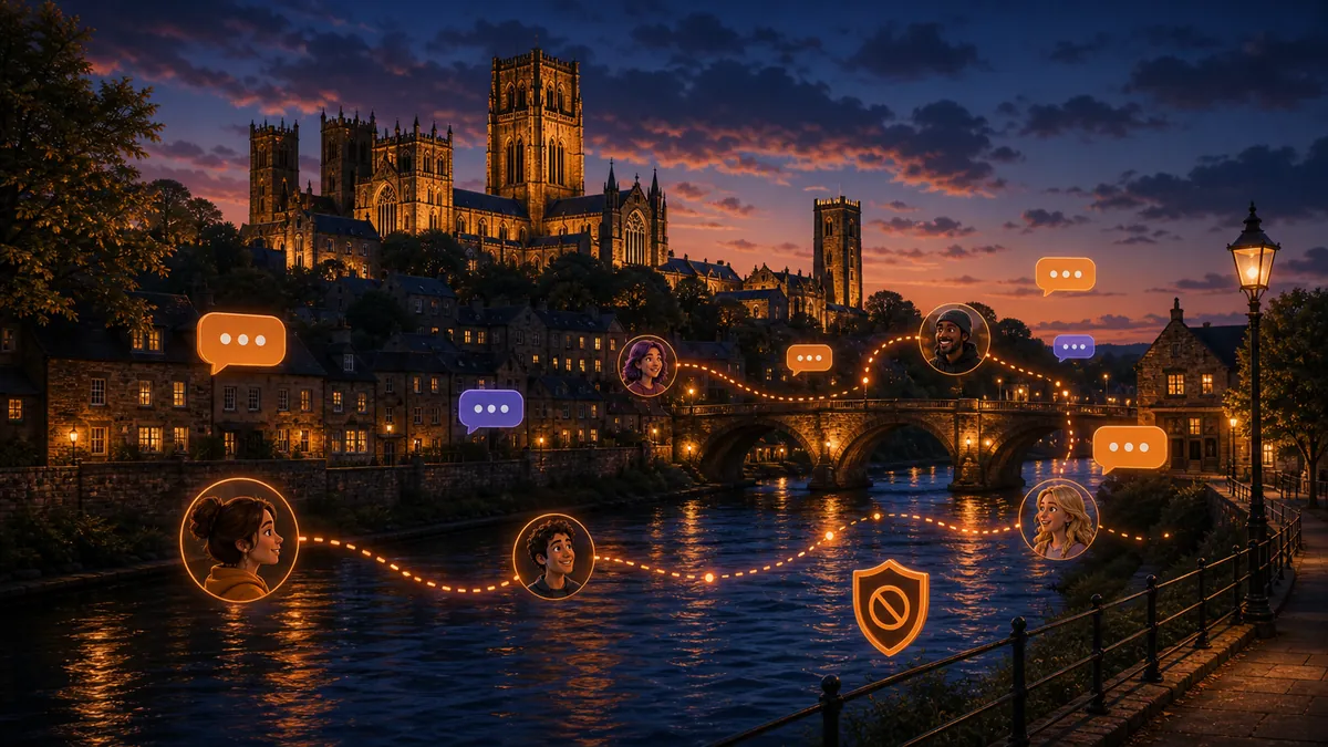 Durham Cathedral above the river with chat bubbles and profile icons