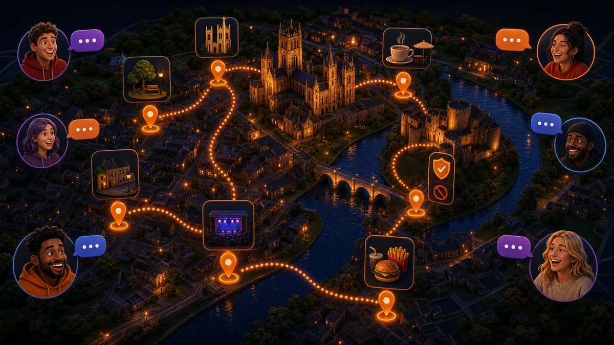 Illustrated Durham map with location pins, people icons and local places