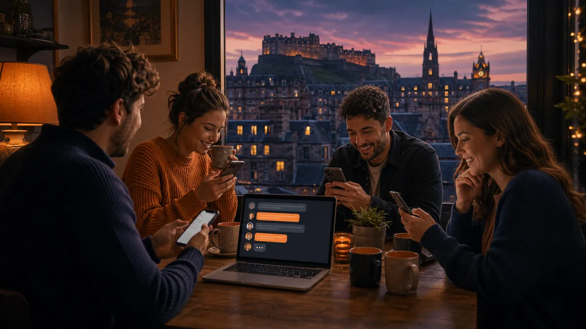 People using an online chat room near a window with Edinburgh Castle in the distance