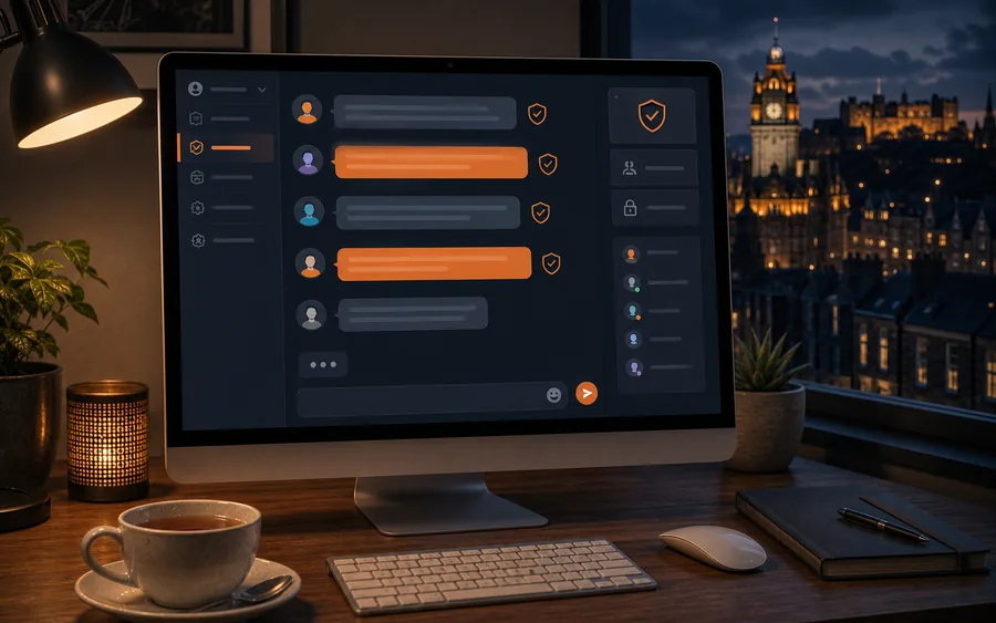 A desktop screen showing a moderated chat interface beside an Edinburgh night window