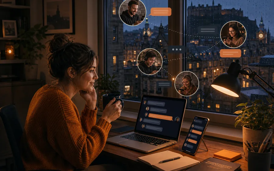 A remote worker in an Edinburgh flat using online chat beside a rainy window