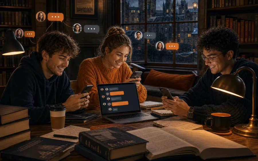 Students in an Edinburgh library using phones and a laptop for local chat