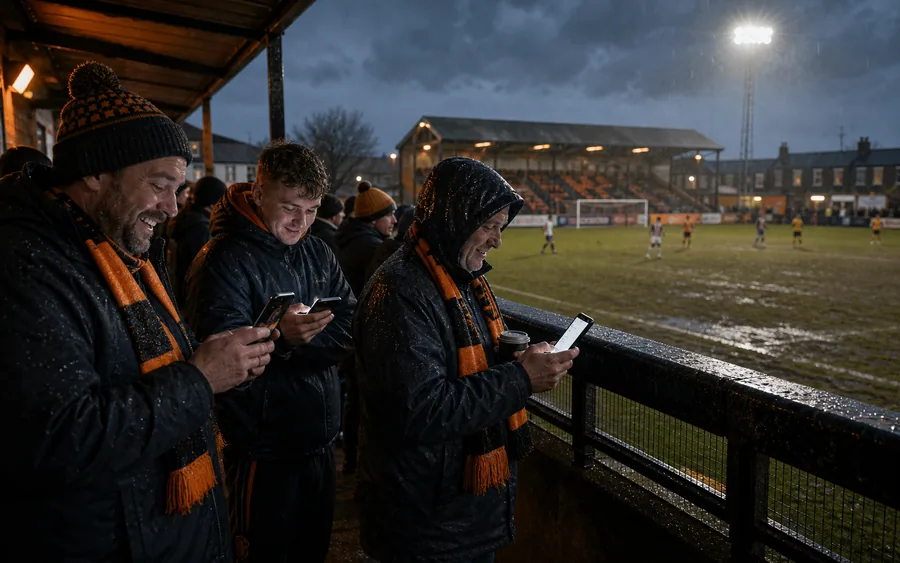 Lower league football supporters in the rain checking live chat on their phones