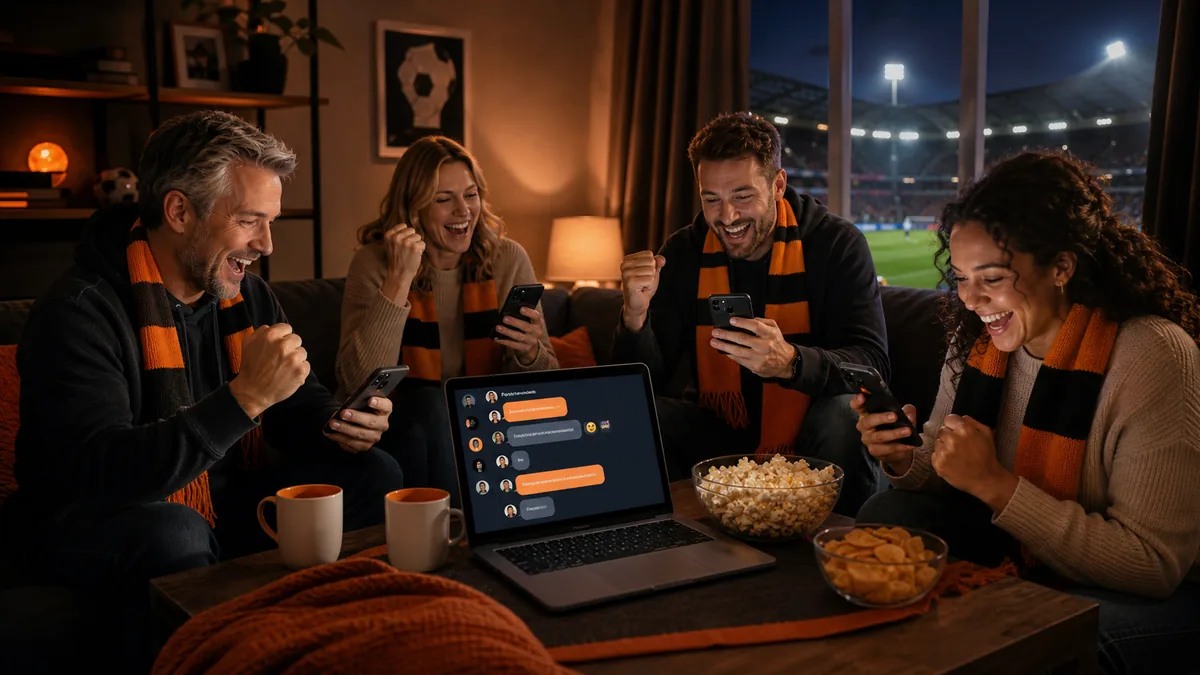 Football fans watching a match while using phones and a laptop for online chat