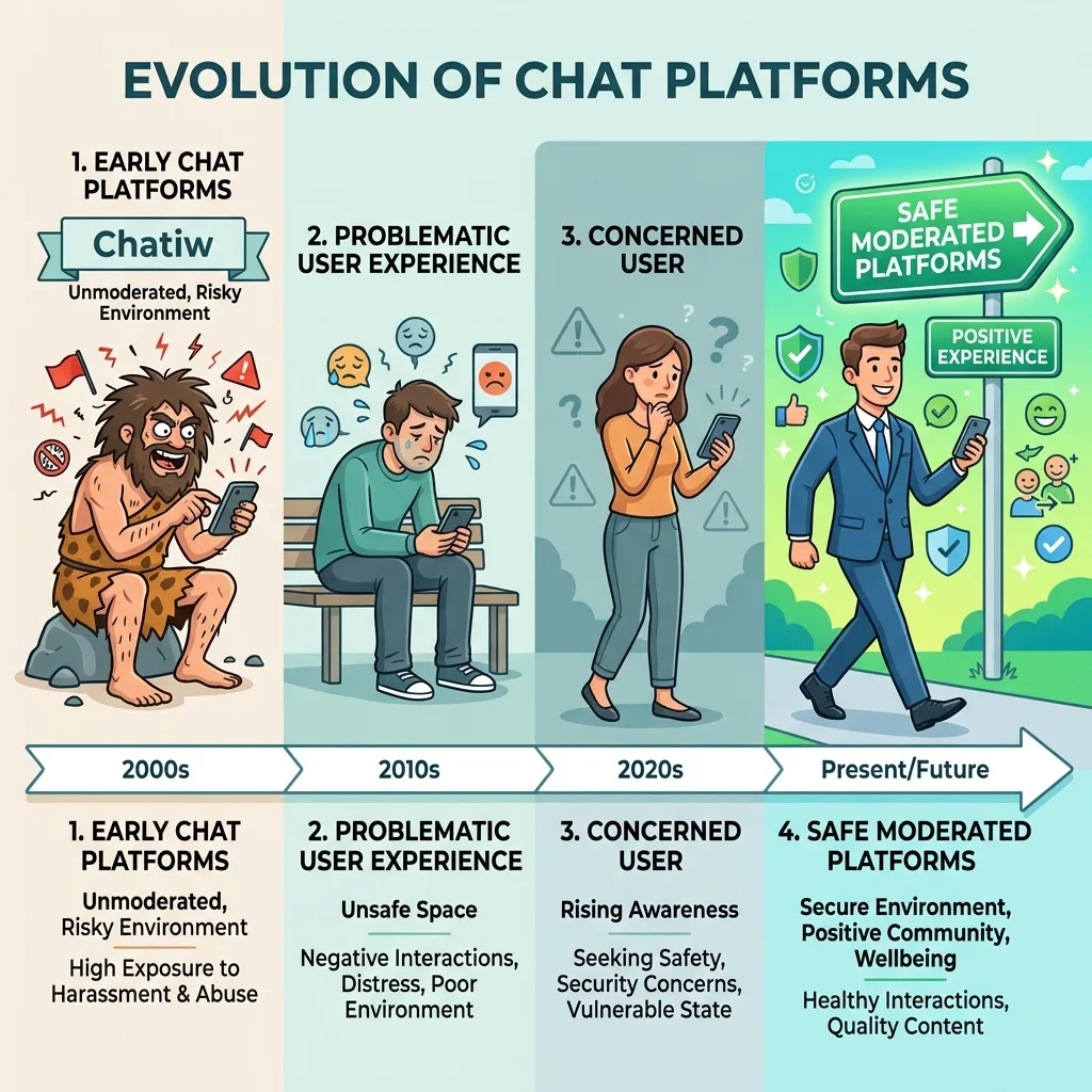 A diagram showing the evolution of chat users from left to right starting with a caveman on a phone under a Chatiw label and ending with a happy man in a suit walking towards a green sign reading Safe Moderated Platforms