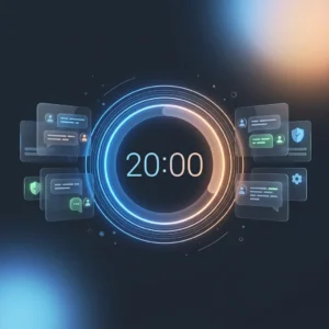 Interactive 20-20-20 eye break timer mockup showing focus session and comfort dark mode screens to prevent digital eye strain