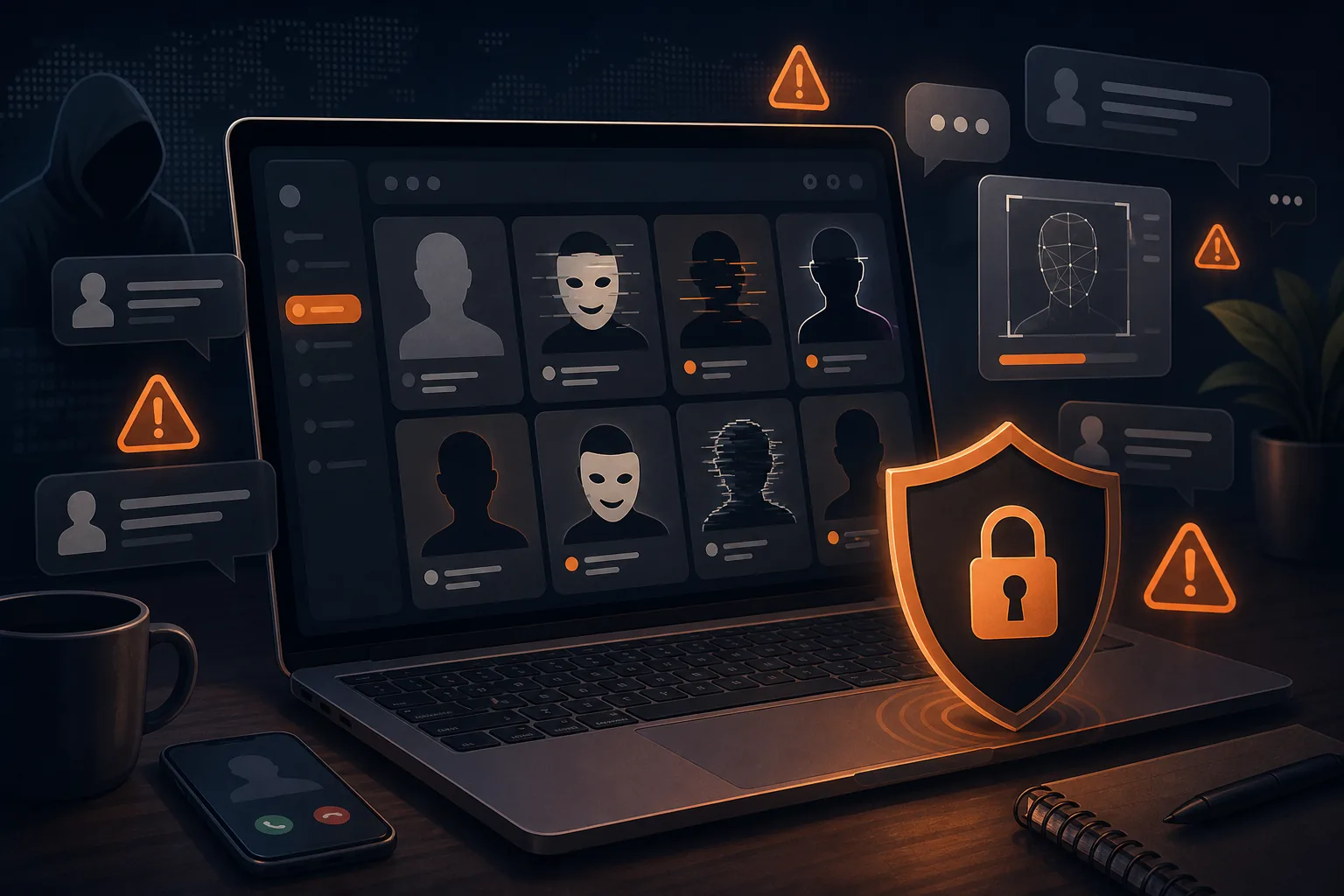 Laptop showing fake profile cards and warning symbols