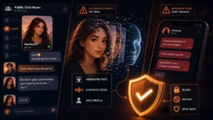 Chat room fake profile exposed as AI with blackmail warning blocked by a safety shield