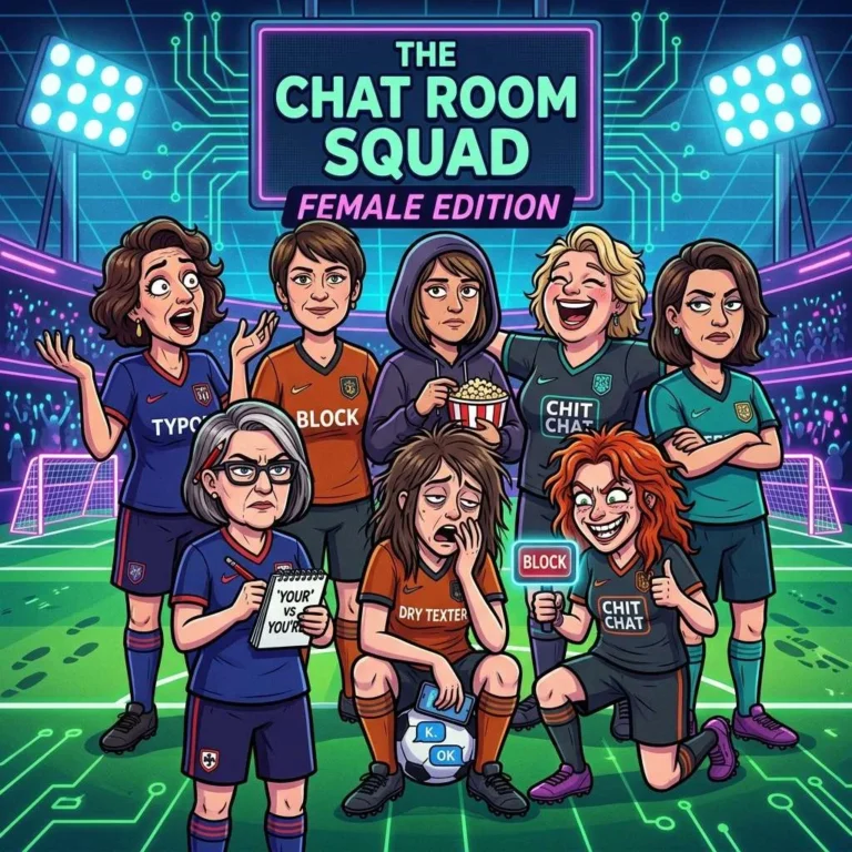 Cartoon lineup of female chat room personalities on a neon football pitch