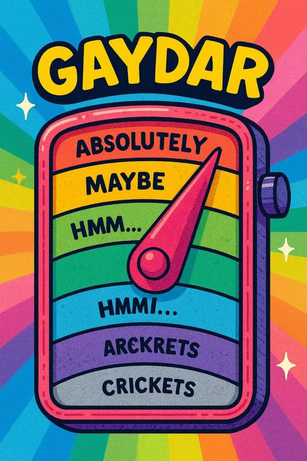 Colourful cartoon gaydar meter with a needle pointing near the top