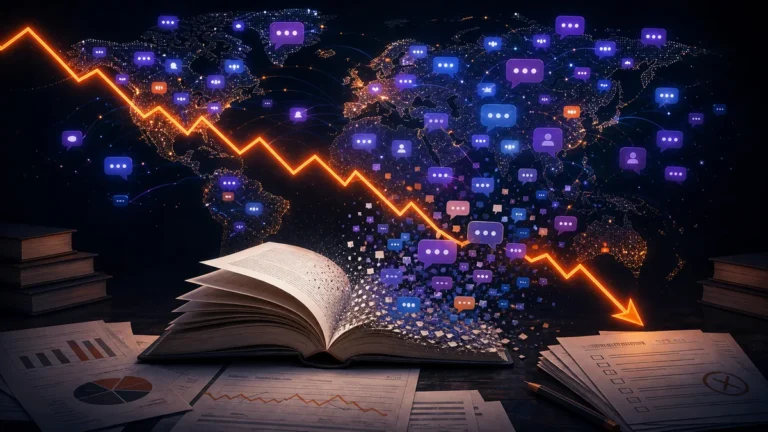 World map with chat bubbles, an open book and a falling orange graph line