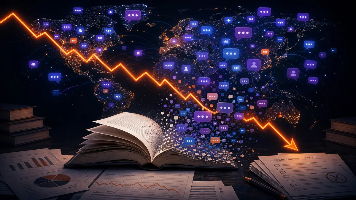 World map with chat bubbles, an open book and a falling orange graph line
