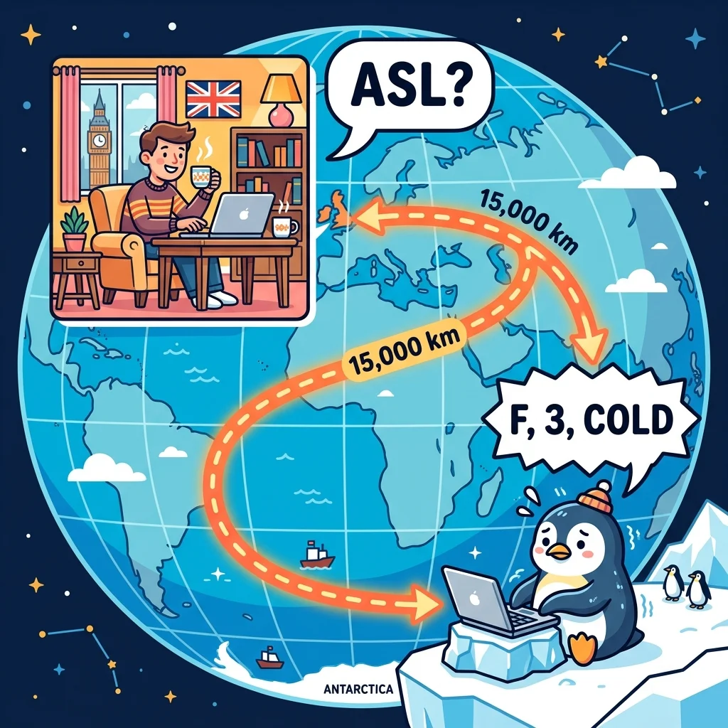 Cartoon globe showing random connections between London and Antarctica