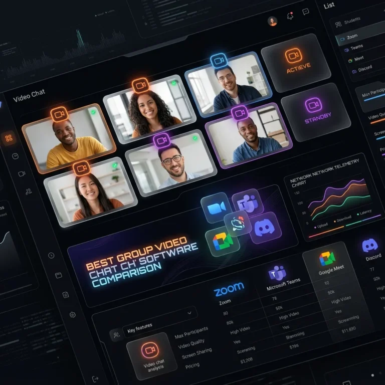Premium dark-themed dashboard UI showing webcam feeds, network connection telemetry, and WebRTC group call bandwidth details.