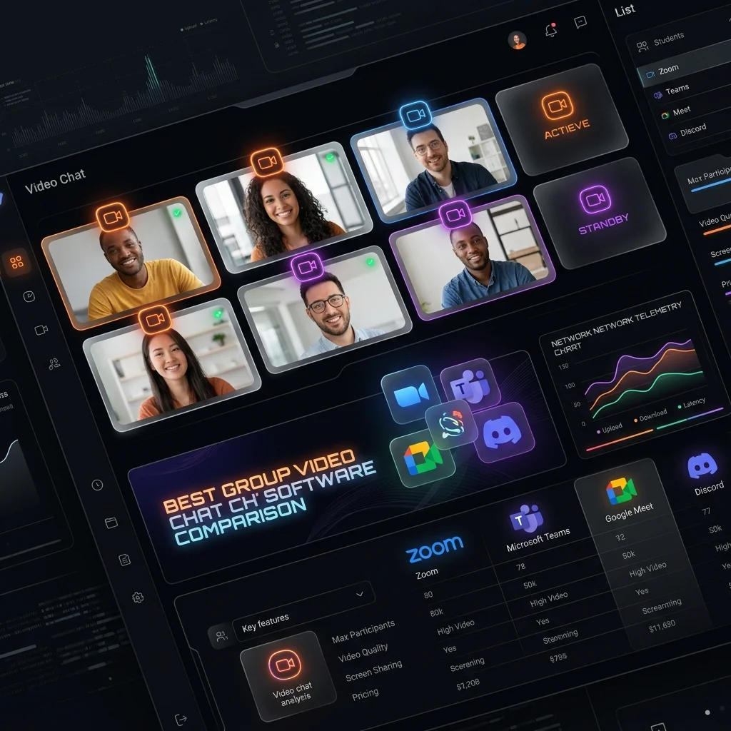 Premium dark-themed dashboard UI showing webcam feeds, network connection telemetry, and WebRTC group call bandwidth details.