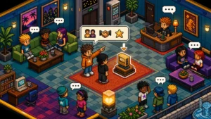 Pixel art virtual hotel room with avatars chatting and one user helping another