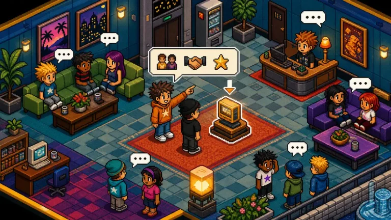 Pixel art virtual hotel room with avatars chatting and one user helping another