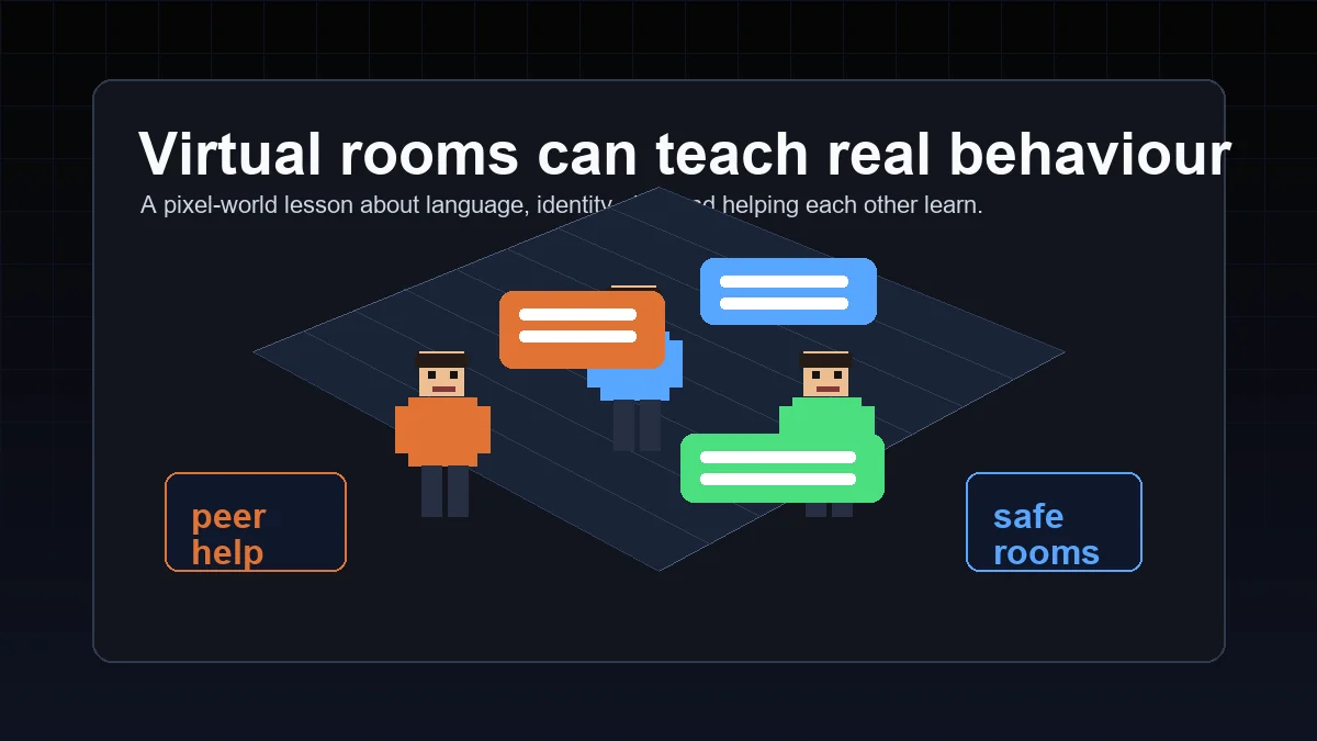 Pixel style virtual room with avatars, chat bubbles and learning prompts