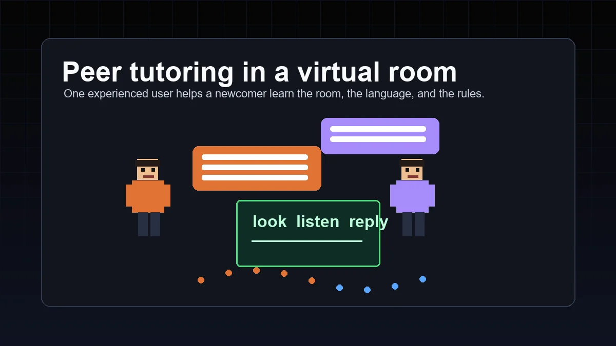 Pixel style avatars in a virtual room with one user teaching another