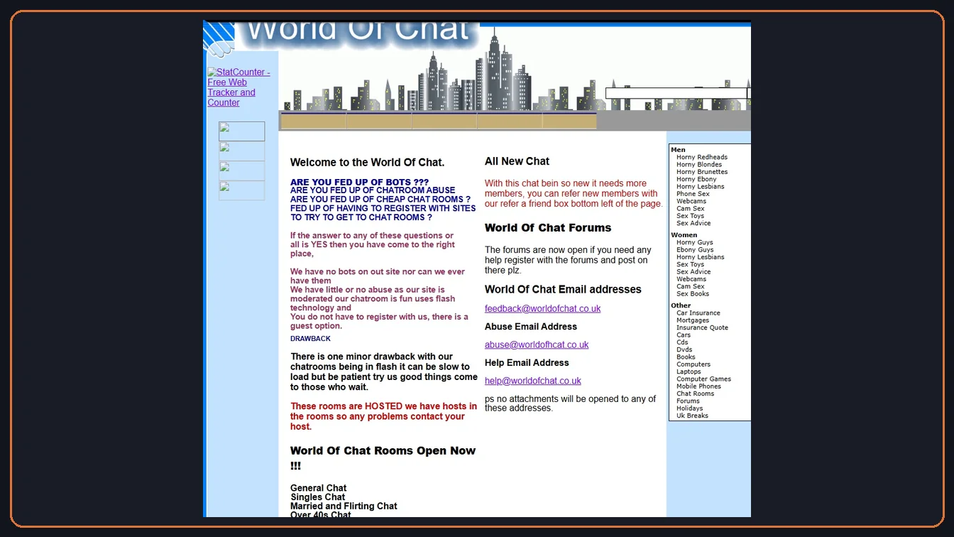 A 2004 World of Chat homepage screenshot with a blue layout, old side menus, broken image boxes, and chat room text.