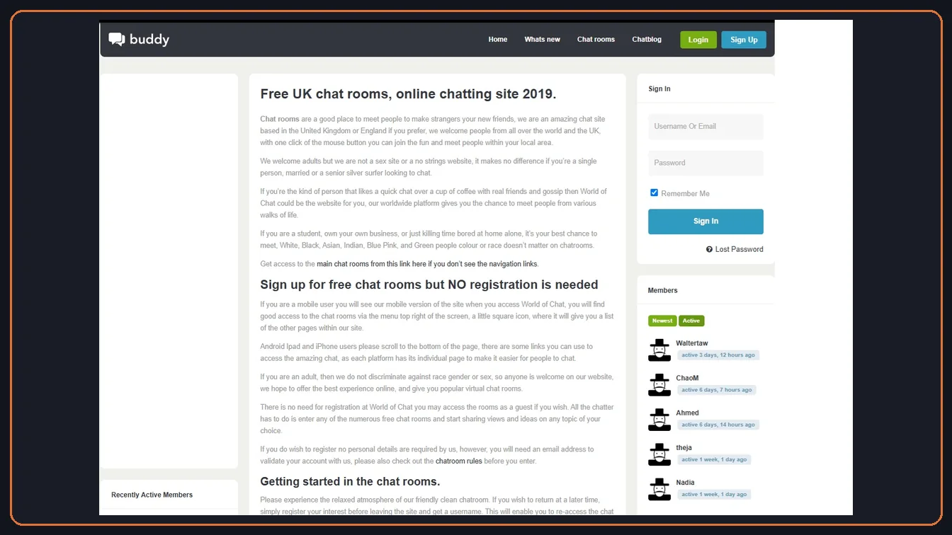 A 2019 World of Chat homepage screenshot with a Buddy-style header, login panel, member list, and chat room introduction text.