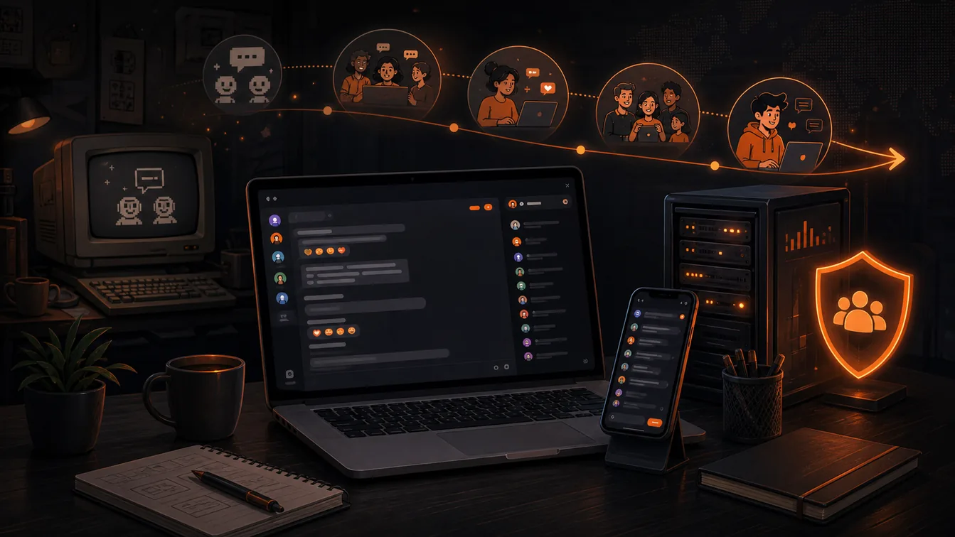 A modern laptop and phone show chat interfaces beside a glowing server and safety shield on a dark desk.