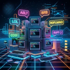 A vibrant retro-futuristic synthwave illustration with a stack of glowing CRT monitors displaying text chat rooms, surrounded by neon chat bubbles like ASL, LOL, BRB, and vintage Netscape and AOL logos.